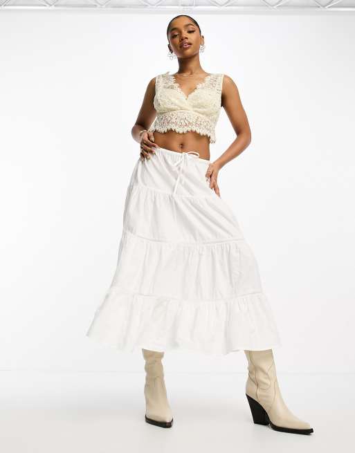 Glamorous halter neck lace trim corset crop top in off white