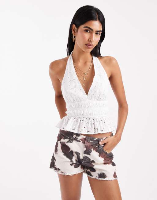 Stradivarius broderie detail halter top in white