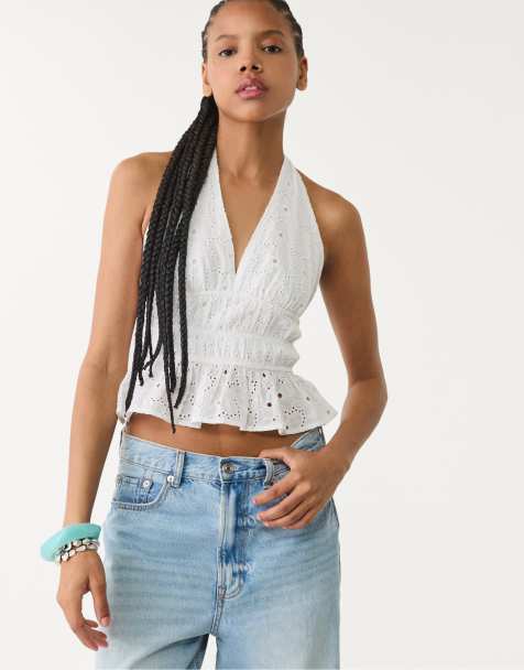 Stradivarius broderie halterneck top in white - view 1