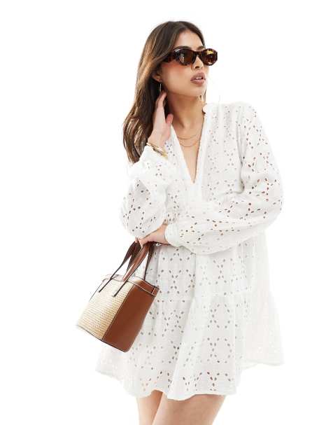 Stradivarius broderie mini dress in white - view 1
