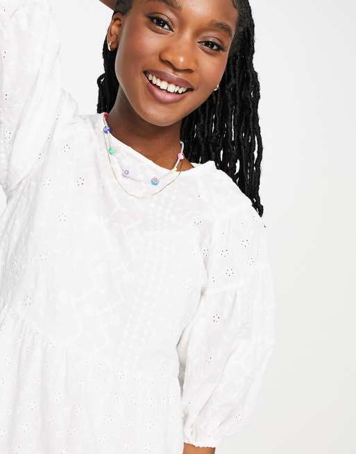 Stradivarius broderie smock dress in white ASOS