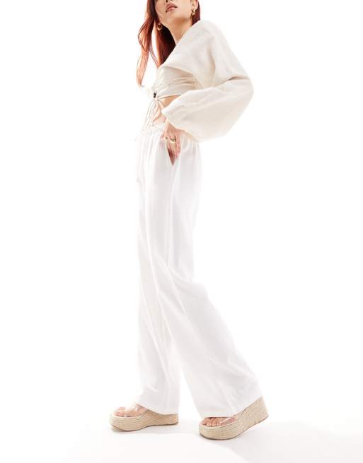 Stradivarius - Broek met elastische taille en linnenlook in wit 