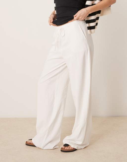 Stradivarius linen look pull on trouser in white