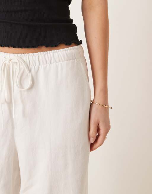 Stradivarius linen look pull on trouser in white