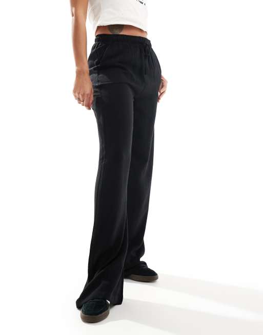 Stradivarius - Broek met elastische taille en linnenlook in zwart 