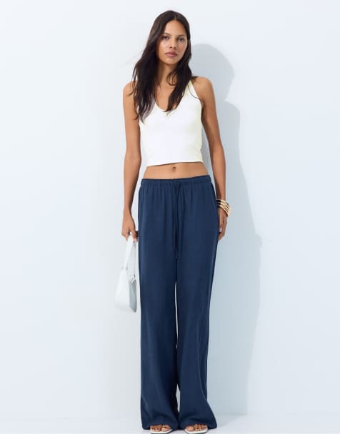 Stradivarius - Broek met linnen in donkerblauw - view 1