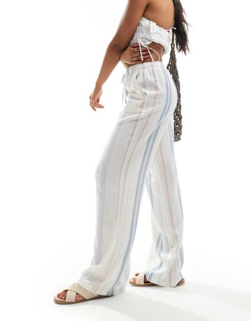 Stradivarius - Broek met linnenlook, elastische taille en strepen in multi 
