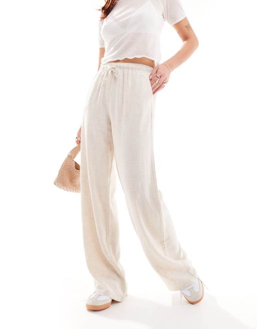 Stradivarius - Broek met linnenlook en elastische taille in naturel
