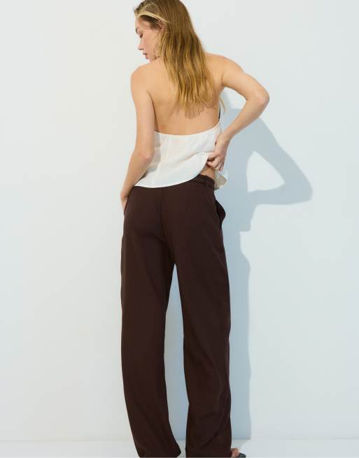 Stradivarius - Broek met linnenlook, rechte pijpen en riem in bruin, 3 van 4