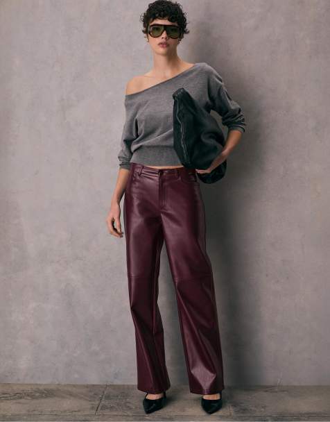 Stradivarius - Broek met rechte pijpen, leereffect en textuur in paars - view 1