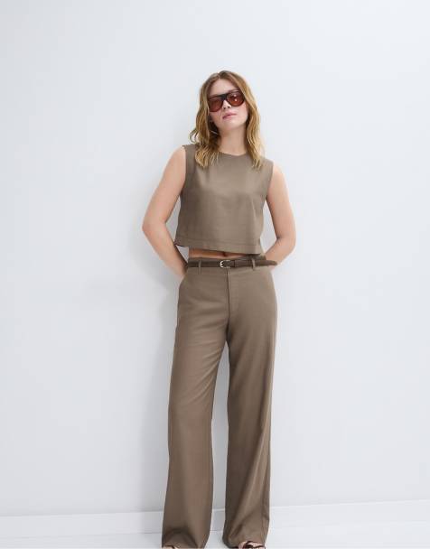 Stradivarius - Broek met rechte pijpen, linnenlook en riem in bruin - view 1