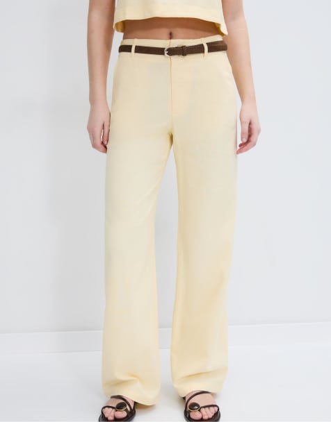 Stradivarius - Broek met rechte pijpen, linnenlook en riem in lichtgeel - view 1