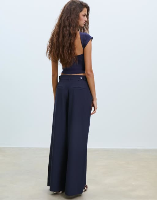 Stradivarius - Broek met superwijde pijpen en verstelbare taille in donkerblauw, 2 van 4