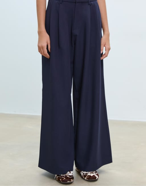 Stradivarius - Broek met superwijde pijpen en verstelbare taille in donkerblauw, 4 van 4
