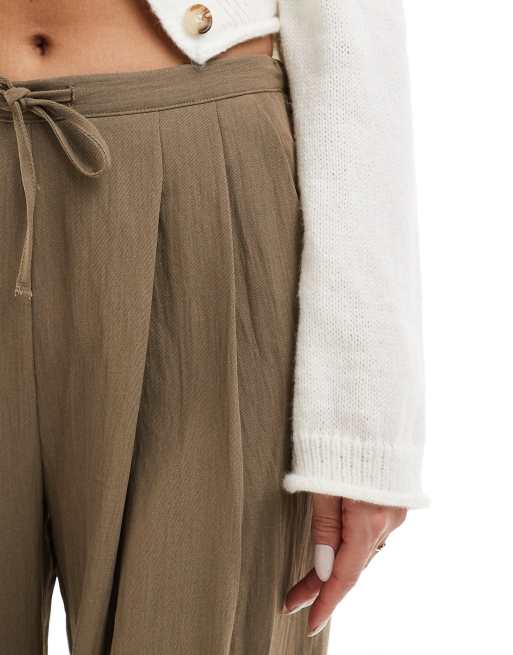 Stradivarius - Broek met wijde pijpen en gestrikte kreukeltaille in stone, 5 van 5