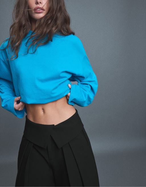 Stradivarius broek met wijde pijpen en omgeslagen tailleband in zwart, 4 van 7