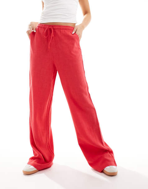 Stradivarius - Broek van linnenmix met elastische taille in rood - view 1