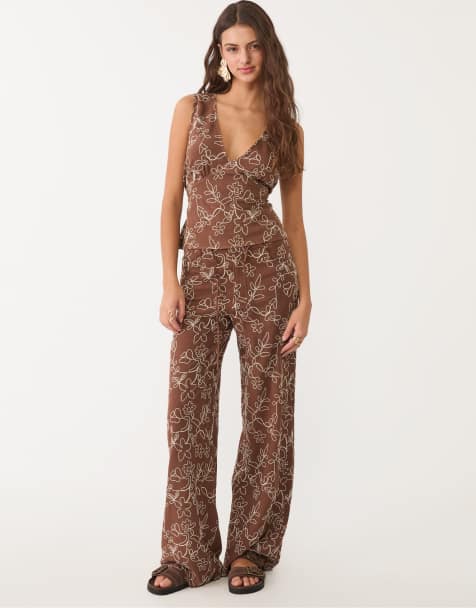 Stradivarius - Broek van linnenmix met rechte pijpen en borduursels in bruin - view 1