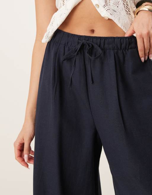 Stradivarius - Broek van linnenmix met wijde pijpen in marineblauw, 2 van 5