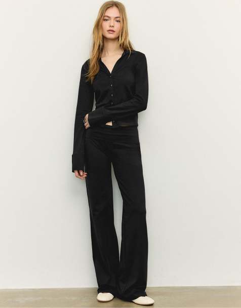 Stradivarius - Broek van mesh met omgeslagen taille in zwart - view 1