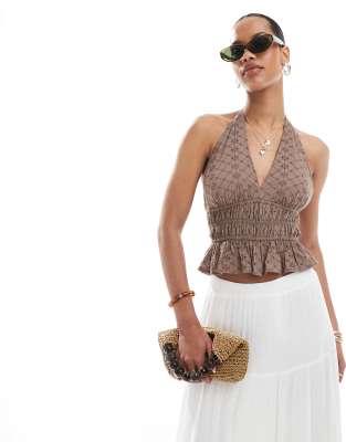 Stradivarius Stradivarius broidery detail halter top in brown-Yellow