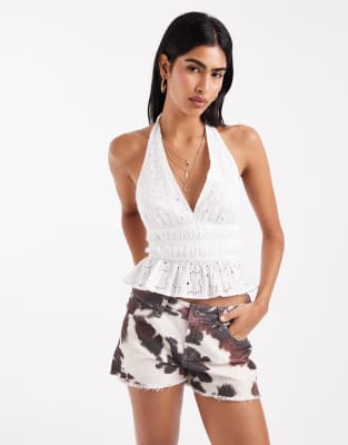 Stradivarius Stradivarius broidery detail halter top in white