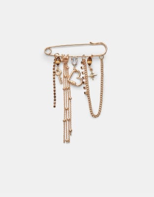 Stradivarius - Brosche in Goldoptik mit Ketten- und Schmucksteinanhängern-Gelb