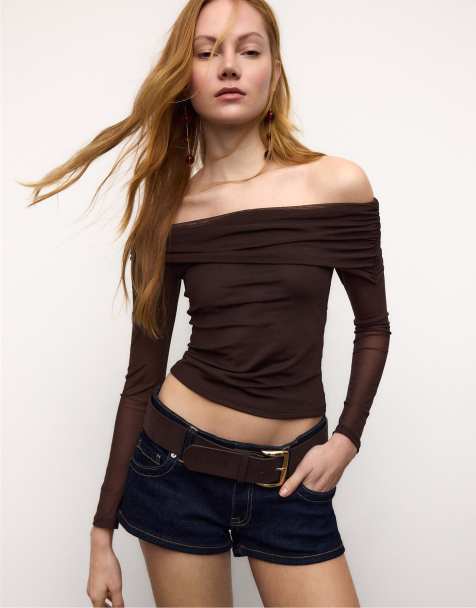 Stradivarius - Brun asymmetrisk top i tyl - view 1