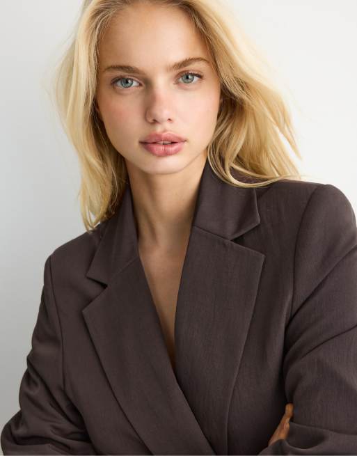 Stradivarius - Brun basis-blazer i rustik stil, 2 af 4