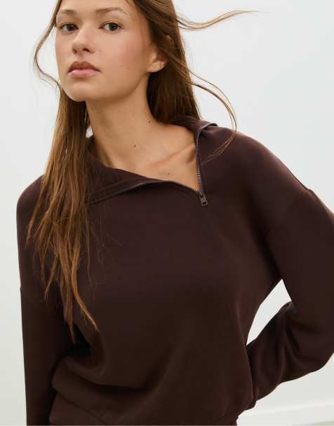 Stradivarius - Brun blød sweatshirt med lynlås i siden - view 1