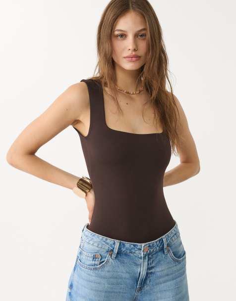 Stradivarius – Brun body med fyrkantig ringning i polyamid - view 1