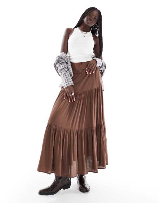 Stradivarius - Brun boho-maxinederdel