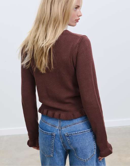 Stradivarius - Brun cardigan i strik med knapper og flæser, 3 af 4