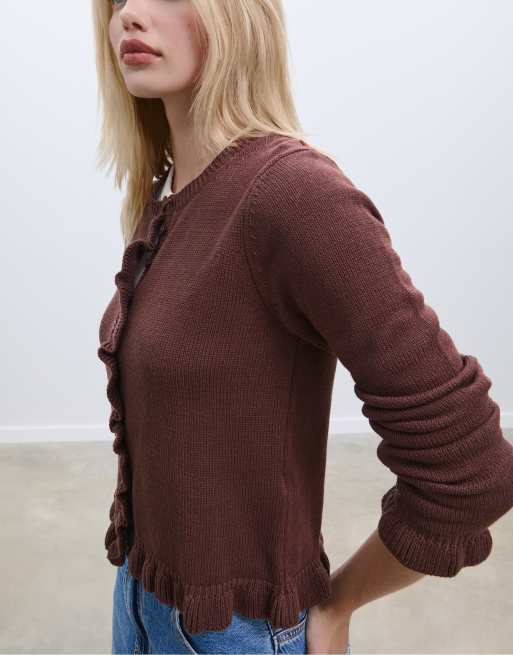 Stradivarius - Brun cardigan i strik med knapper og flæser, 4 af 4