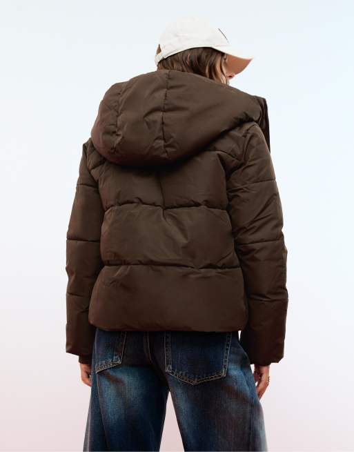 Stradivarius – Brun, enkel pufferjacka med huva, 4 av 4