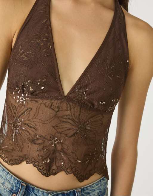 Stradivarius - Brun halterneck-top med pailletbroderi, 4 af 4