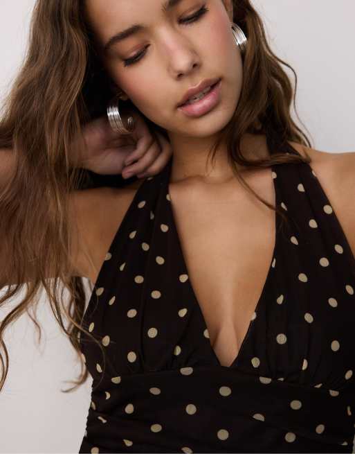 Stradivarius - Brun halterneck-top med rødt print, 4 af 4