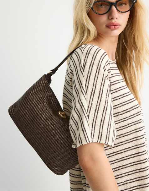 Stradivarius - Brun hæklet skuldertaske med metallukning - view 1