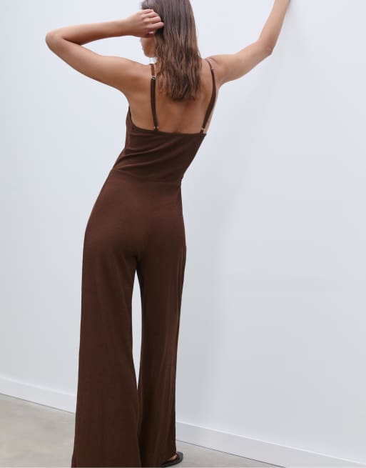 Stradivarius – Brun jumpsuit med smala axelband, 3 av 4
