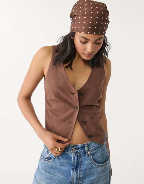 Stradivarius – Brun kostymväst med knäppning i linnemix - view 1