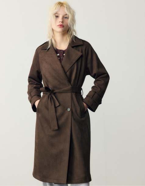 Stradivarius – Brun, lång trenchcoat i mockaimitation - view 1