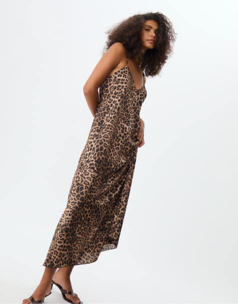 Stradivarius – Brun, leopardmönstrad, ledig maxiklänning i satin - view 1