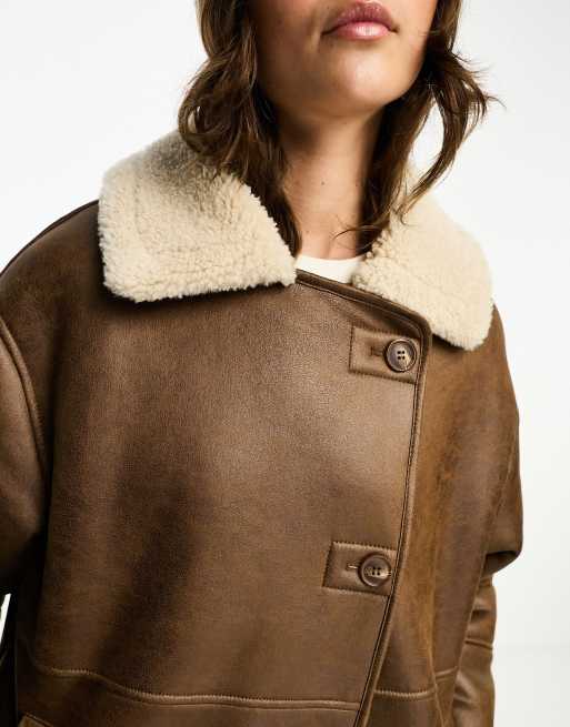Stradivarius - Brun longline aviator-jakke med kontrastfarvet for, 4 af 4