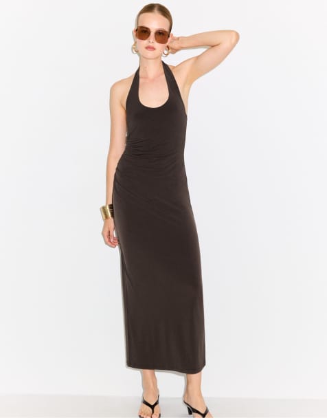 Stradivarius – Brun midiklänning med halterneck - view 1
