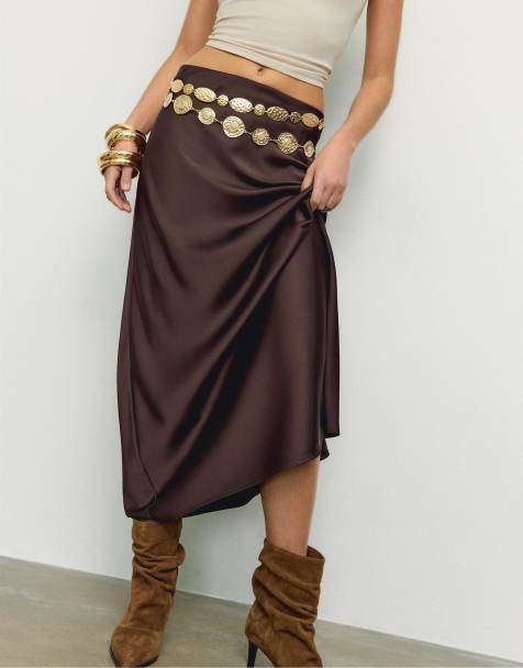 Stradivarius - Brun midinederdel i satin - view 1