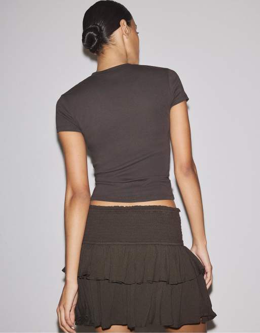 Stradivarius - Brun mini-skort med flæser, 4 af 4