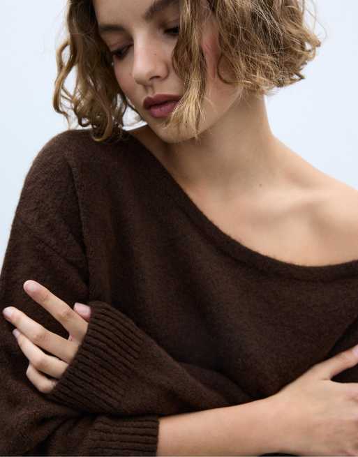Stradivarius – Brun, mjuk, stickad tröja med båtringning, 3 av 4