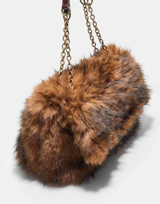 Stradivarius - Brun rektangulær crossbody-taske i imiteret pels, 4 af 4