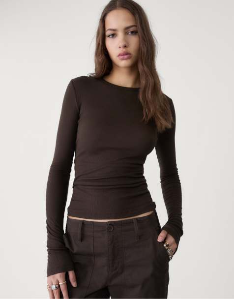 Stradivarius – Brun, ribbad t-shirt med långa ärmar - view 1