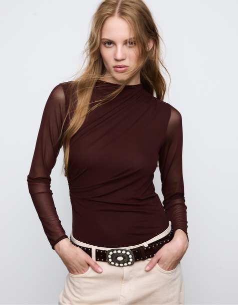 Stradivarius – Brun, rynkad body med tyll - view 1
